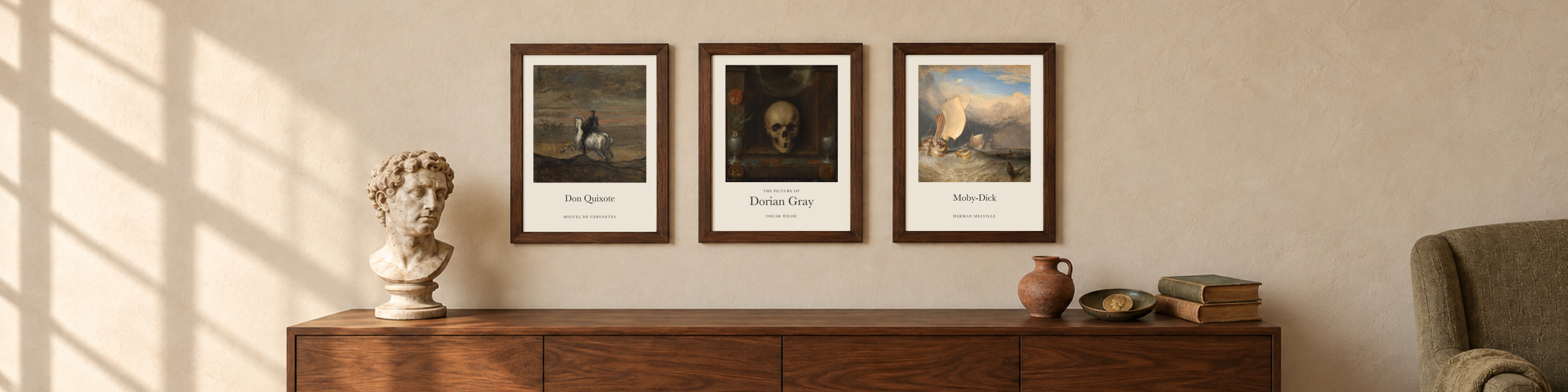 Don Quixote, The Picture of Dorian Gray, and Moby-Dick title prints in walnut frames above a sideboard.